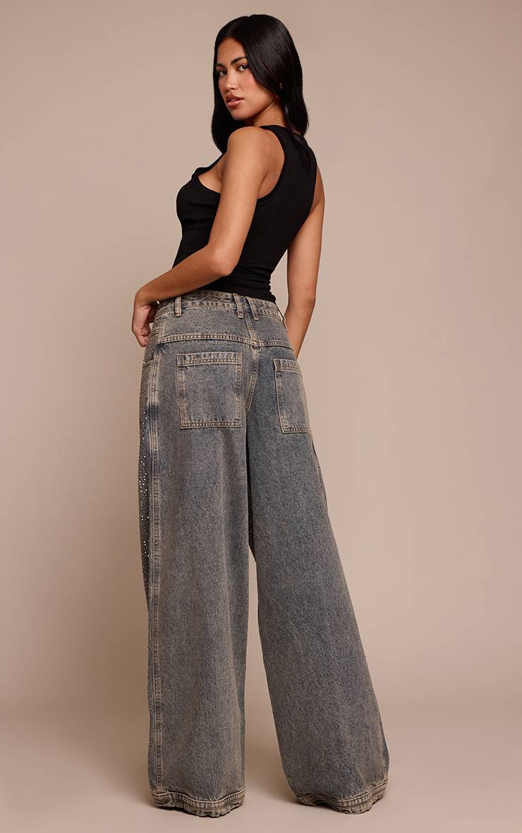 Vintage Jean Denim Jambe Large Taille Basse Décontracté Avec Strass
