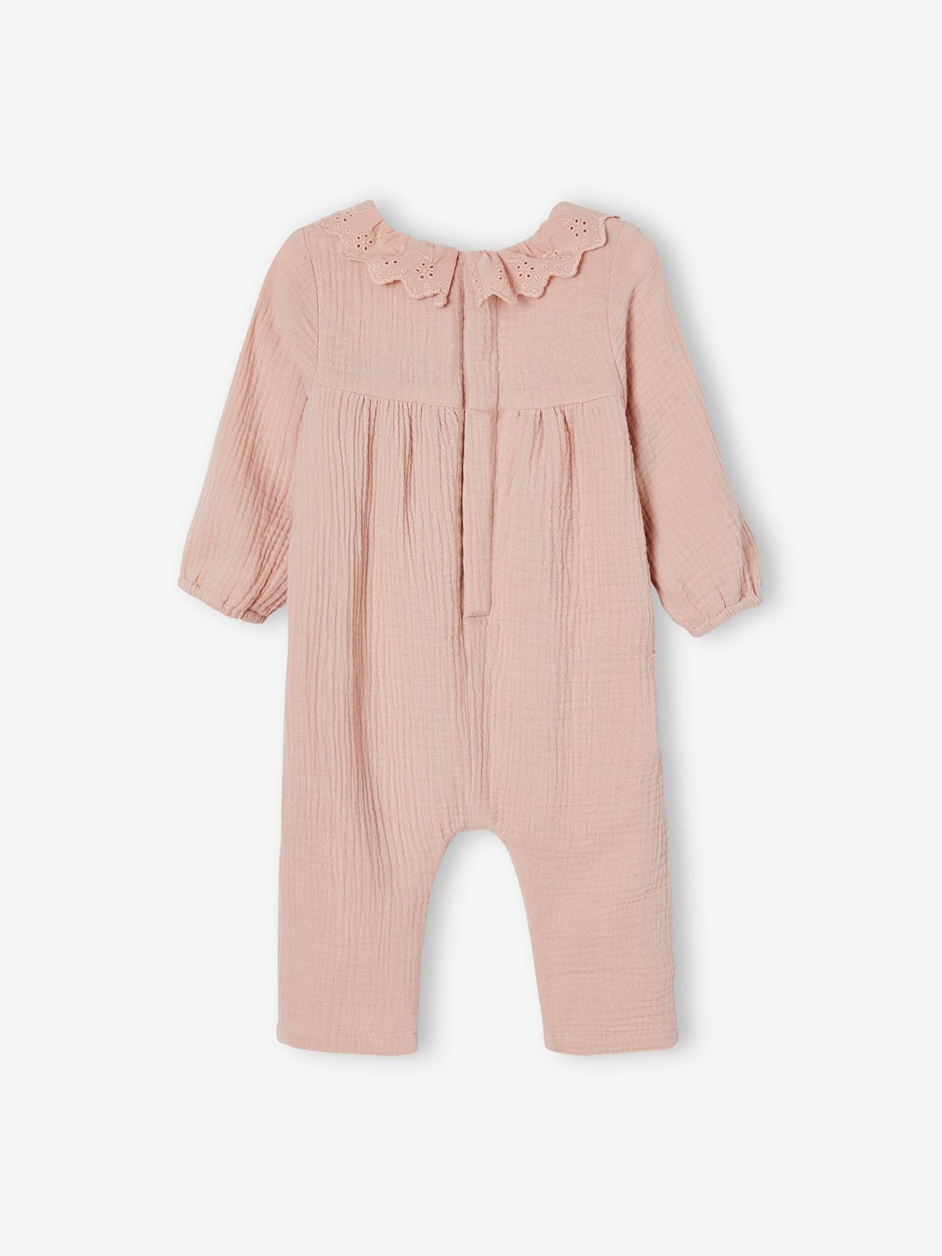 Macacão infantil rosa em chiffon de algodão, cor de maquiagem, com forro.