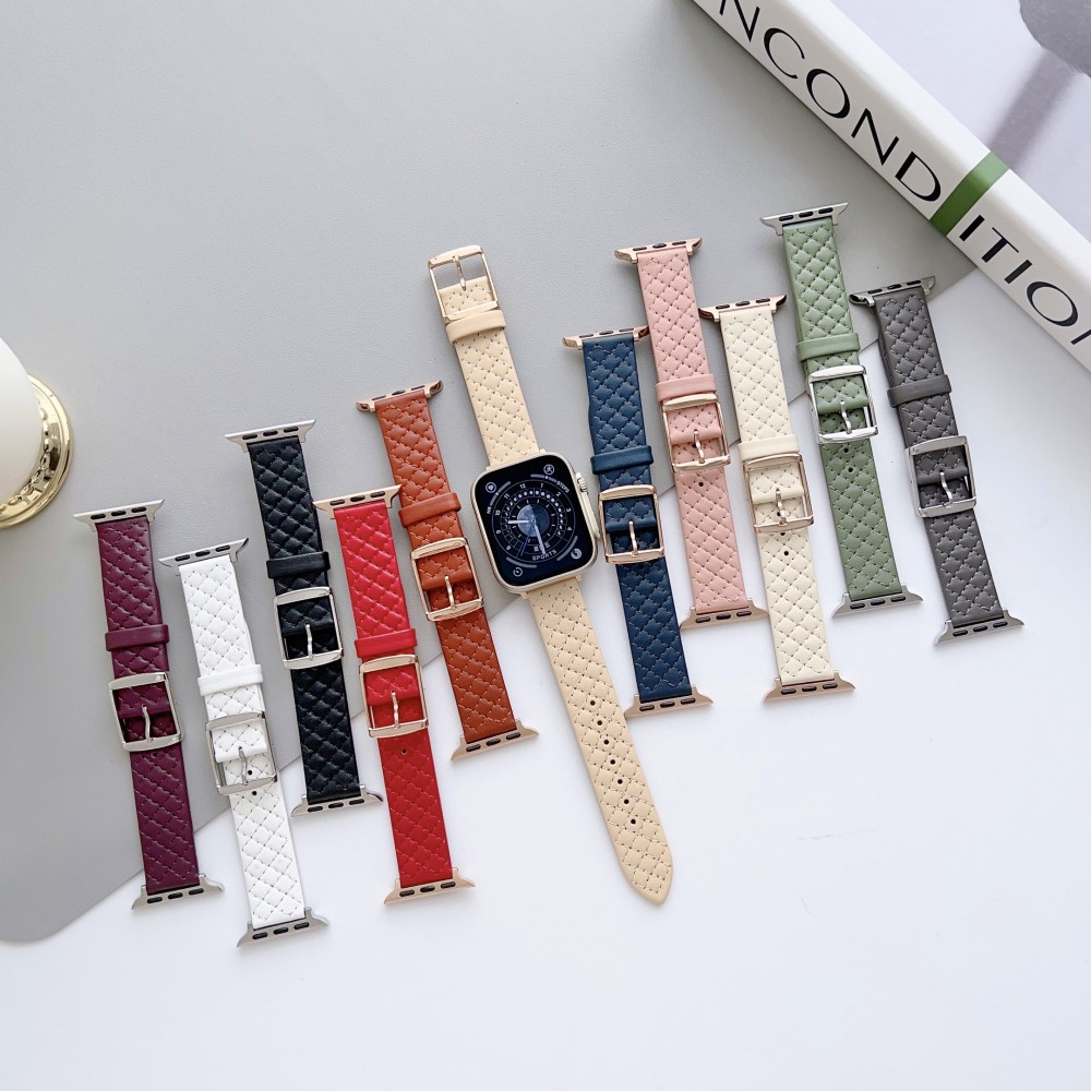 Apple Watch (49/46/45/44 mm) Leder Armband mit Dornschliesse (Gelenkumfang 140-210mm) - Weiss