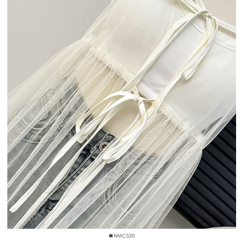 Lemongrass - Midi-jurk van mesh met spaghettibandjes en strik aan de voorkant