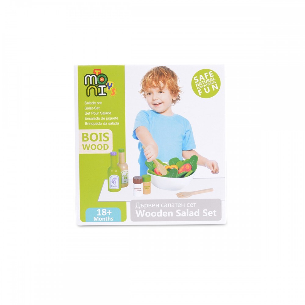 Moni Spielzeug Salat-Set 4303 aus Holz Schüssel Salat Gemüse Salatbesteck Essig grün