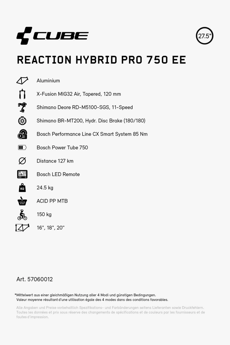 CUBE Reaction Hybrid Pro 750 27.5 E-Bike 2024