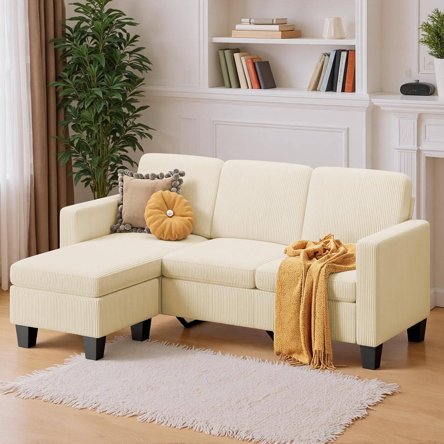 Xbro Ecksofa L-Form 3-Sitzer mit beweglichem Fußhocker, kleines Ecksofa aus weichem Cordstoff, 188 × 136,5 × 89 cm, Beige