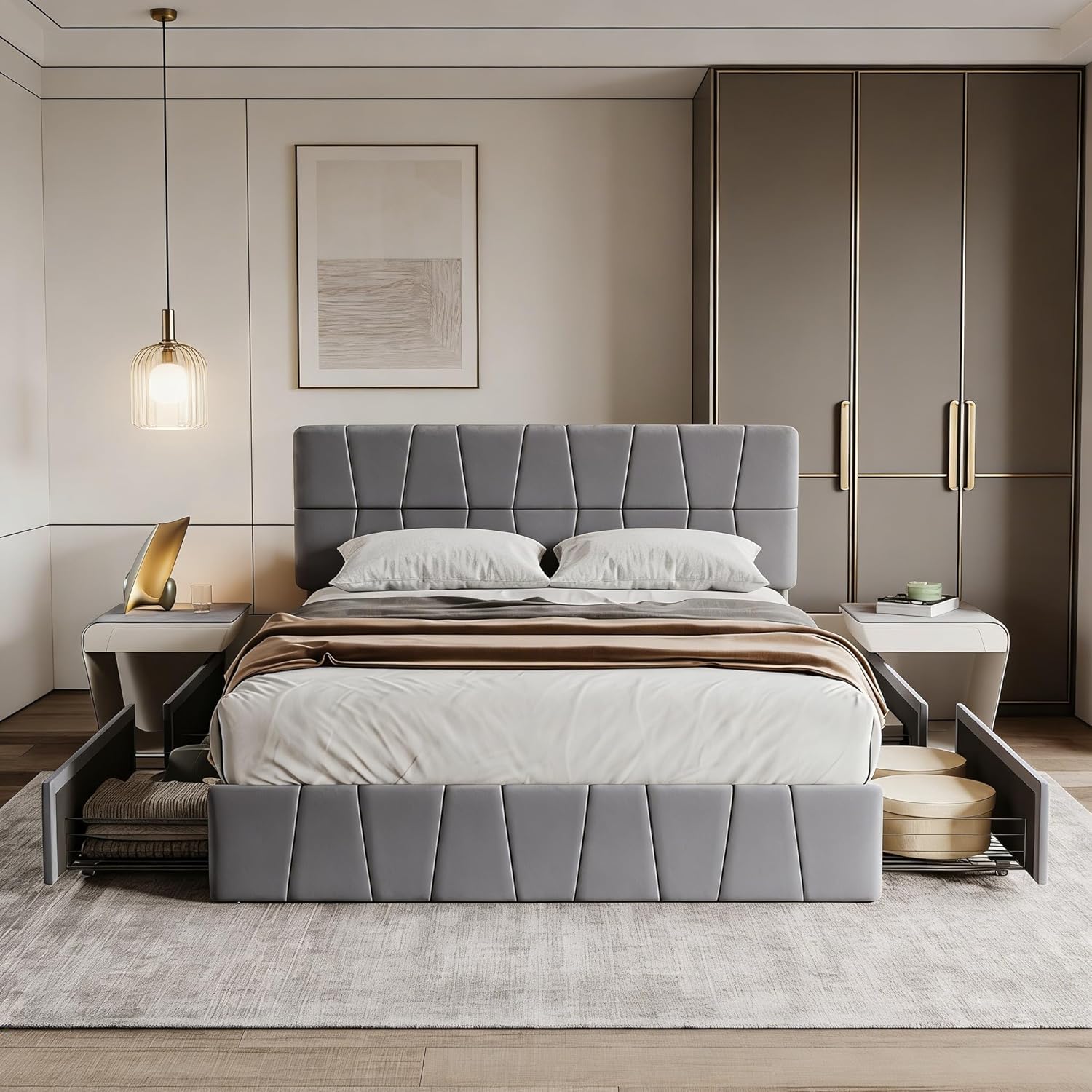 Bett mit Stauraum 160x200 cm mit 4 Schubladen, Polsterbett Doppelbett mit Verstellbares Kopfteil, Jugendbett mit Stauraum und Lattenrost, Funktionsbett Bettgestell, Samt (Grau-Samt, 160x200cm)