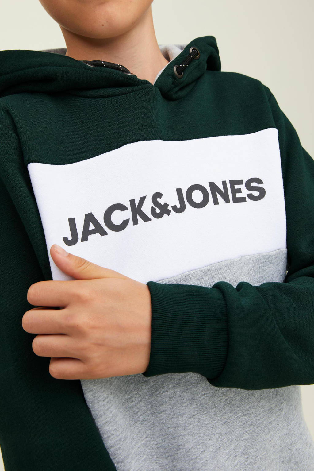 JACK & JONES hoodie JJELOGO met logo donkergroen/wit/grijs melange