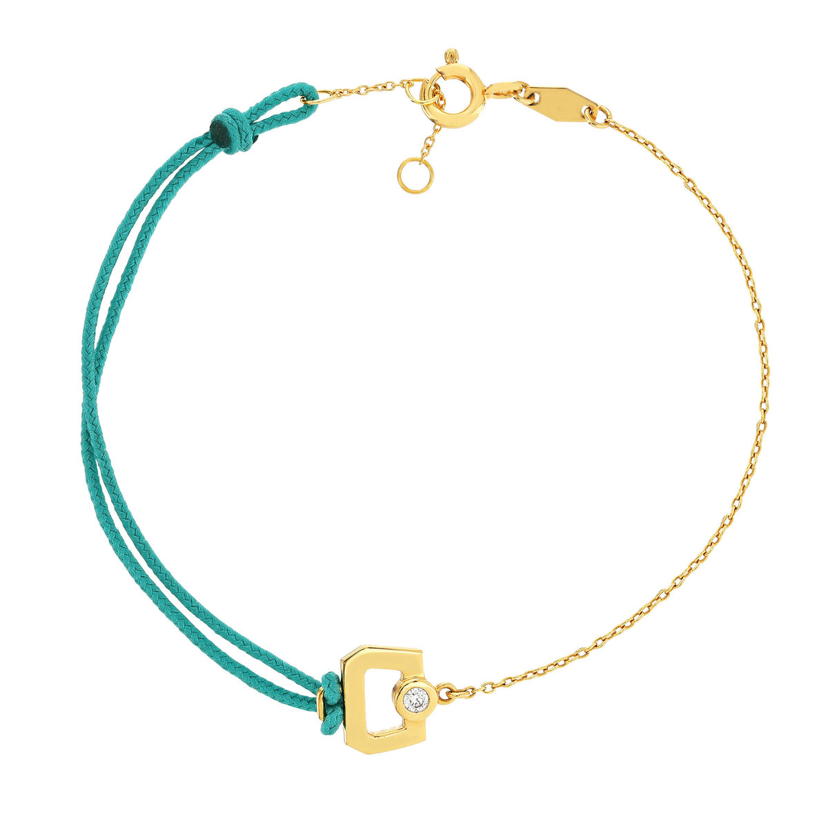 Bracelet boucle chaine or recyclé 750 jaune diamant et cordon vert 18cm