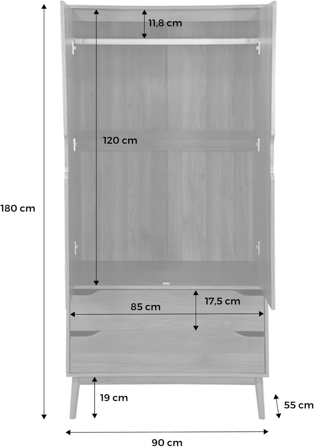 sweeek - Kleiderschrank im Vintage-Stil mit Holzdekor, 2 Türen, 2 Schubladen, 1 Kleiderstange - Nepal