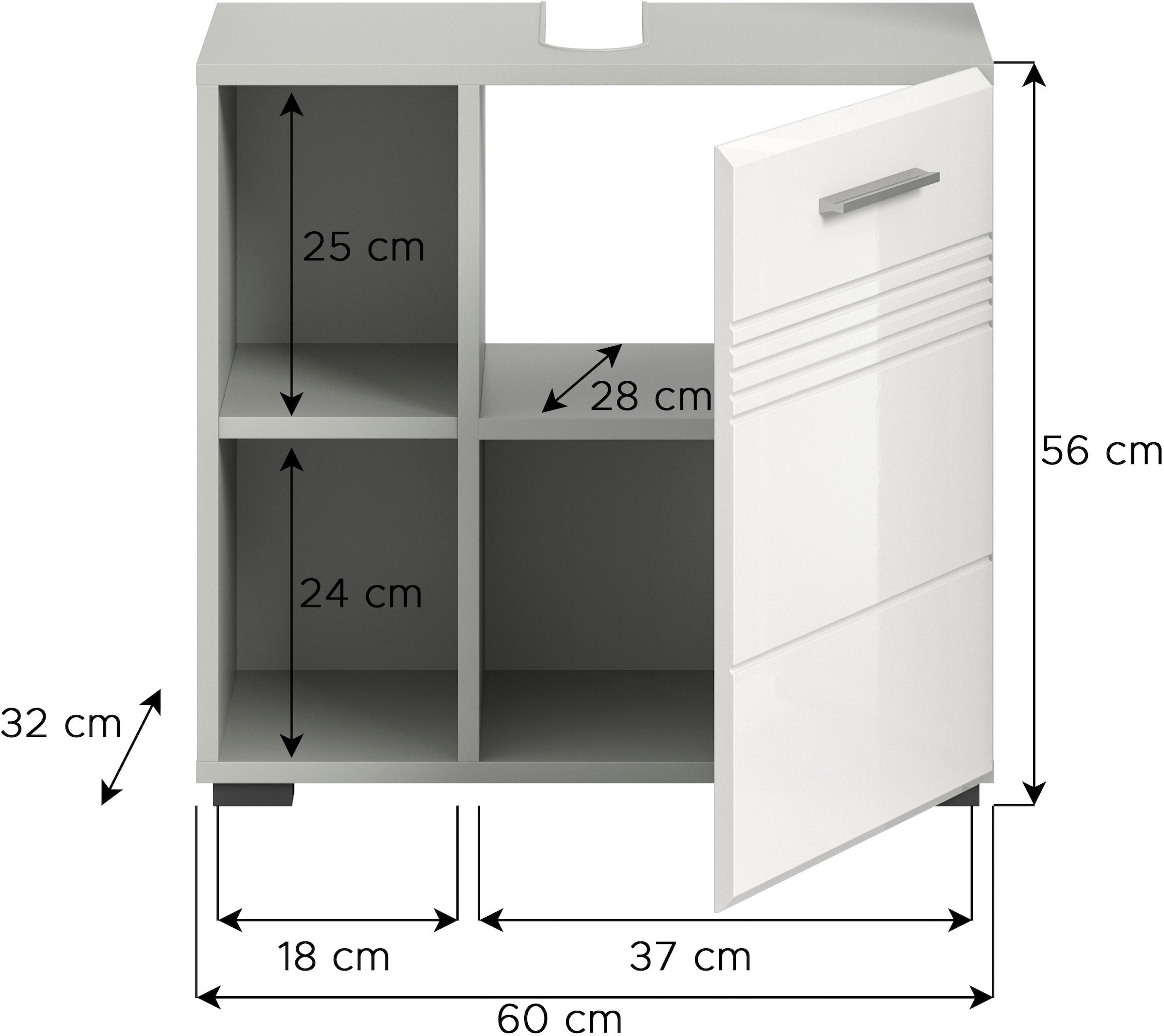 welltime Waschbeckenunterschrank »Calcio, Breite 60 cm, 1 Türen, 2 Einlegeböden, 2 offene Fächer« geteilte Rückwand, MDF Front, Badschrank, Bad-Möbel, Badezimmer