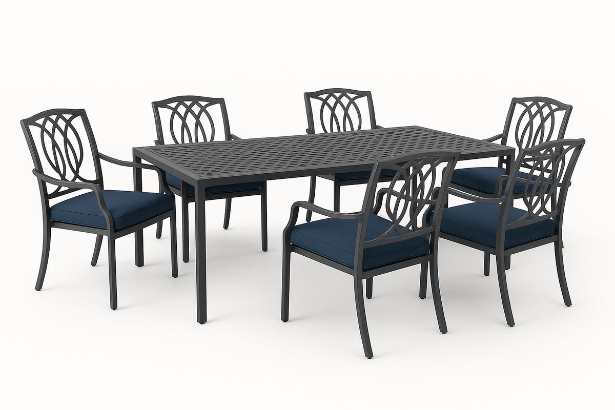 Gartenset aus Aluminium Tisch mit sechs Stühlen dunkelgrau blau