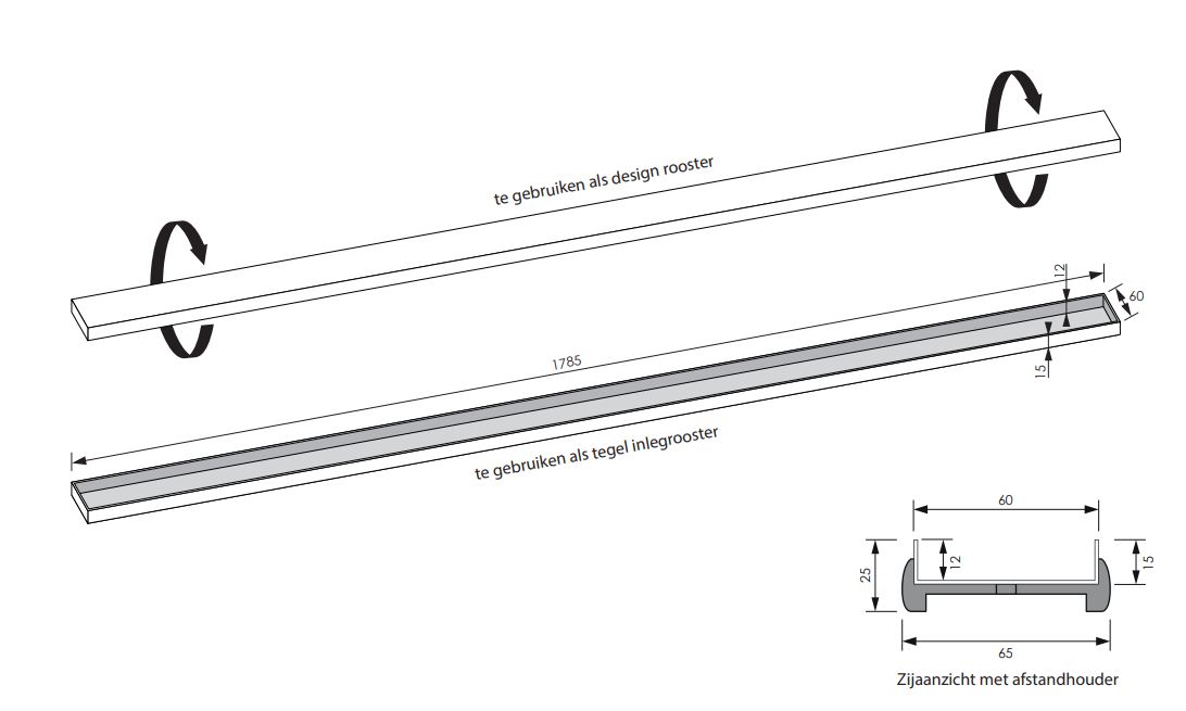 Brauer los multifunctioneel tegelinlegrooster 180cm RVS geborsteld