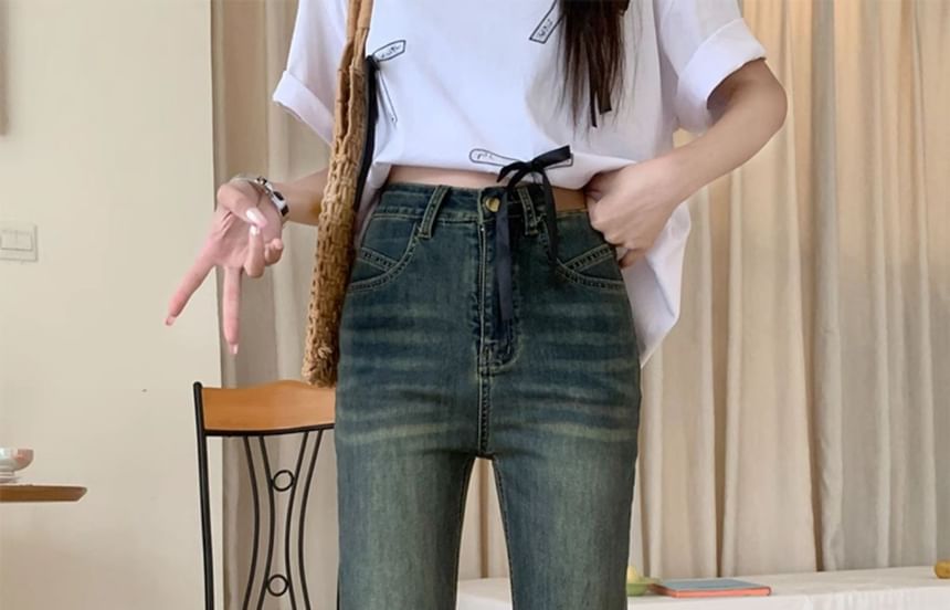 CosmoCorner - High Waist Washed Cropped Slim Fit Jeans