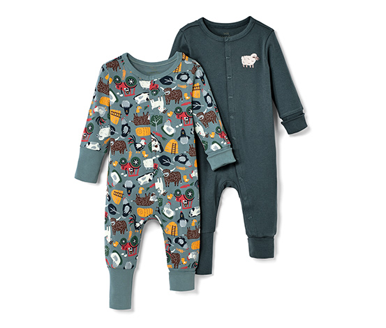 2 Baby-Pyjamas, schieferblau und Alloverprint