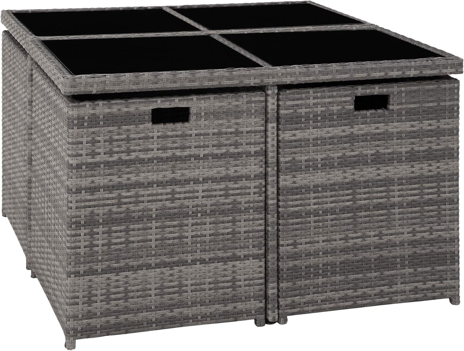 tectake® Lounge Möbel Set 4X Stühle, 4X Hocker, 1x Tisch, platzsparende Cube Aufbewahrung, Outdoor Rattan Gartenmöbel für Balkon, Garten und Terrasse, mit Abdeckung und Wechselbezügen - grau