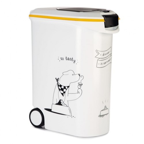 Recipiente para armazenamento de alimentos com rodas e design branco.