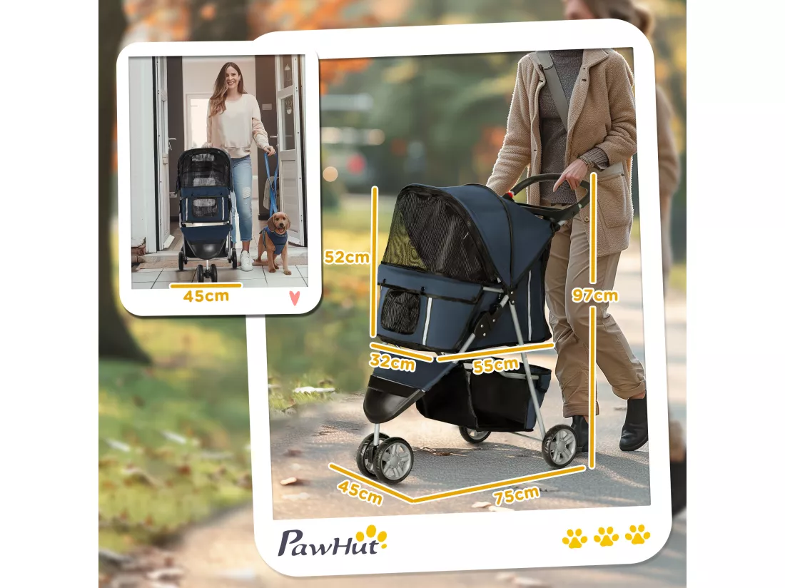 Poussette buggy pliable chien chat - porte-gobelet, panier rangement intégré - acier oxford bleu marine