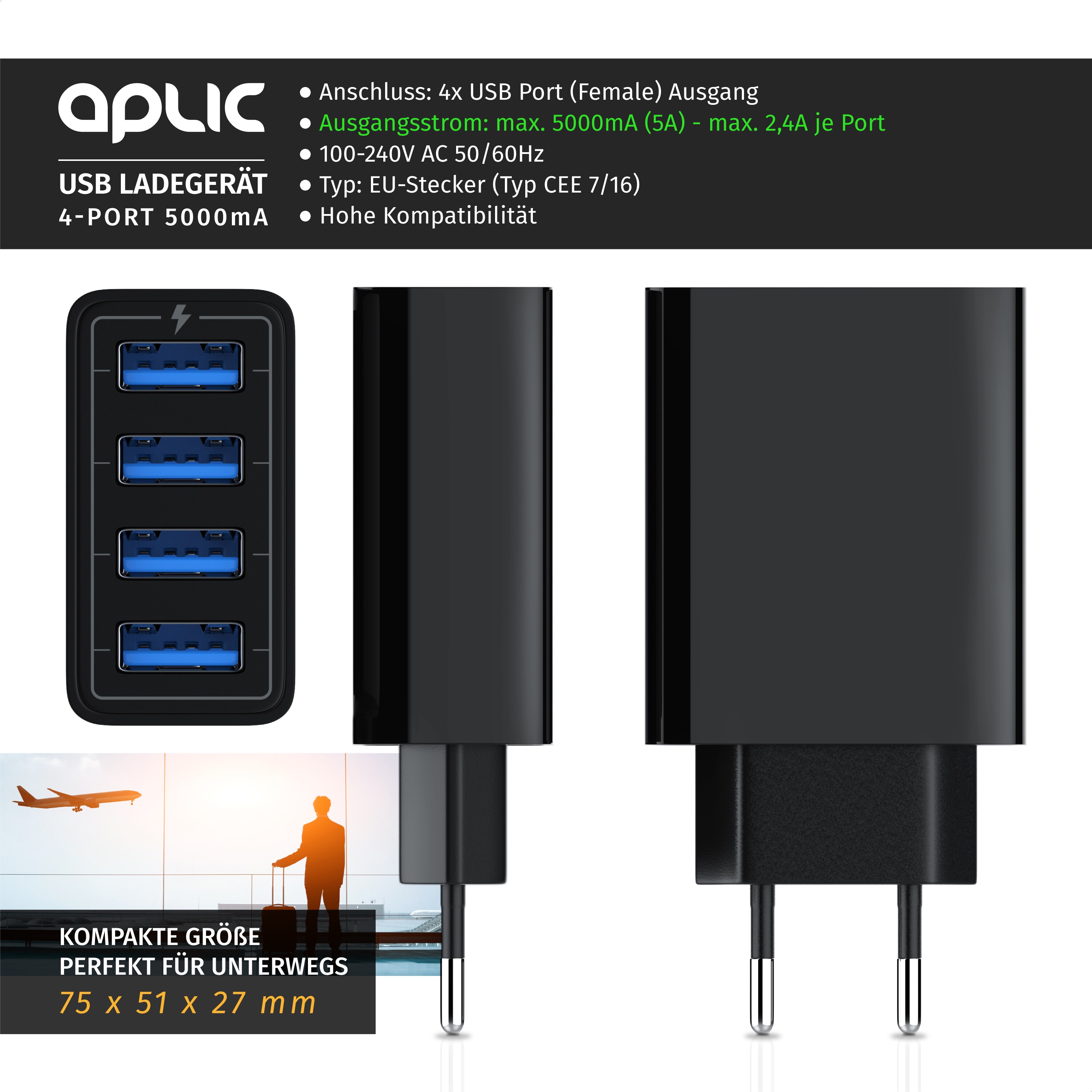 Aplic USB-Ladegerät 5000 mA, 4-Port Netzteil für Handy, Tablet uvm. 5000mA, 2,4A Max. je Port, 25W