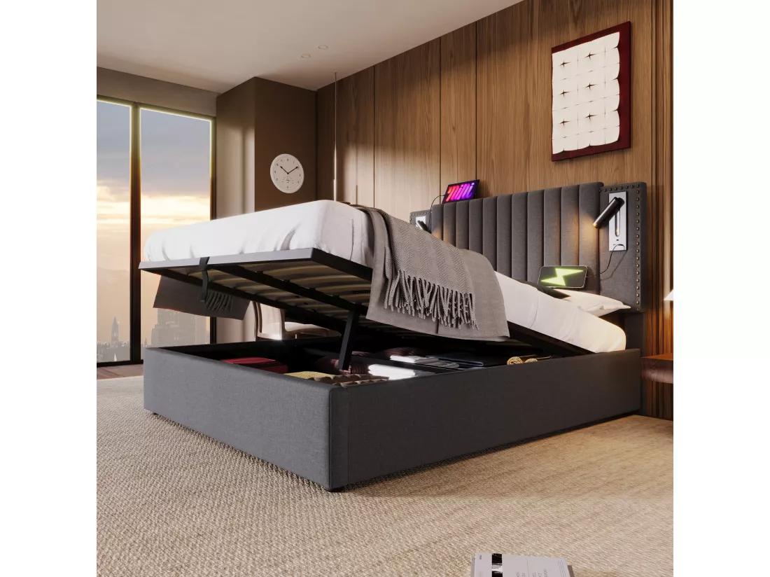 Lit coffre 160 x 200 cm avec tête de lit - Prises USB et lampe de lecture - Tissu en coton - motif rivet - Gris (sans matelas)