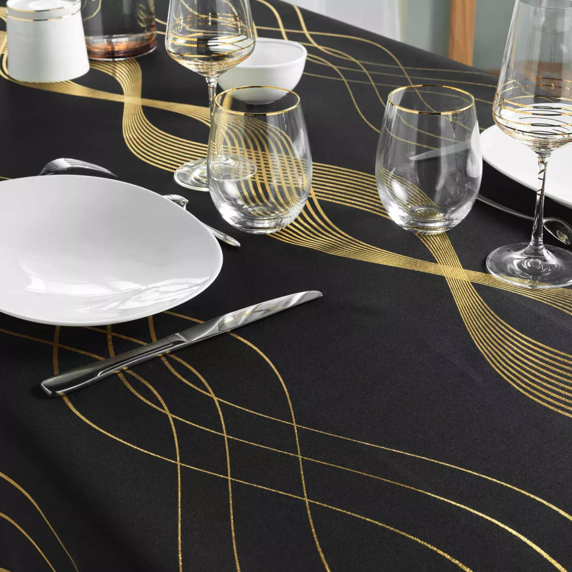 Nappe de Noël rectangulaire (150 x 300 cm) Elona métallisé Noir