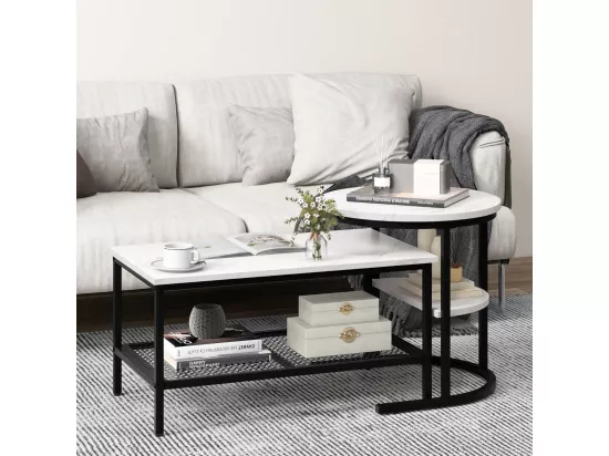 Tables Basses Gigognes Lot de 2, Table Gigogne Design Marbre, Cadre en Métal, Table Salon Rectangulaire, Table d'Appoint Ronde pour Canapé, Salon, Chambre