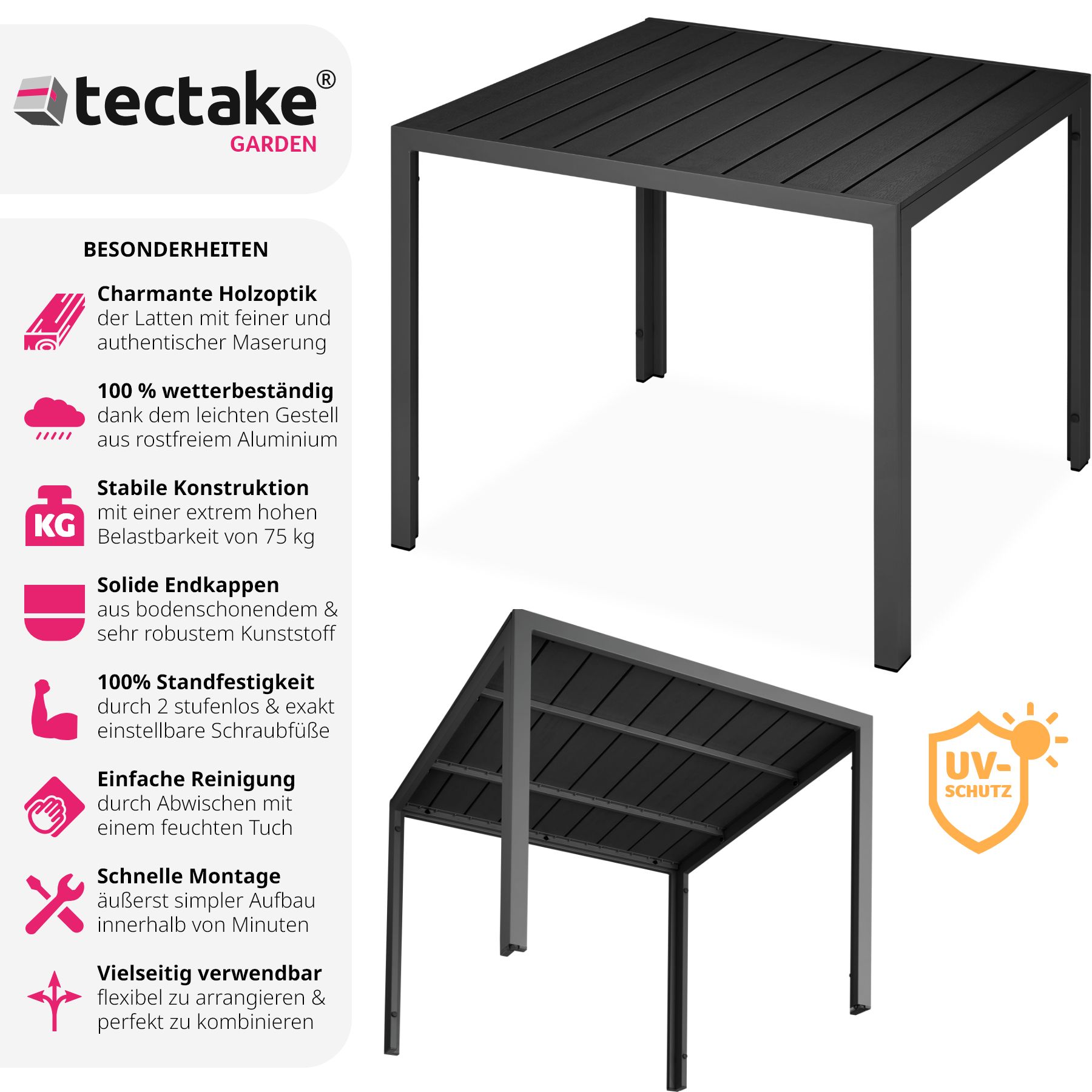 tectake® Gartentisch, aus Aluminium und Kunststoff, wetterfest und UV-beständig, 90 x 90 x 74,5 cm