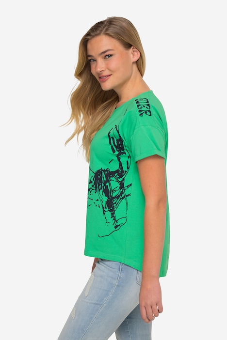T-Shirt, Langusten-Print, U-Boot-Ausschnitt, Halbarm, OEKO-TEX