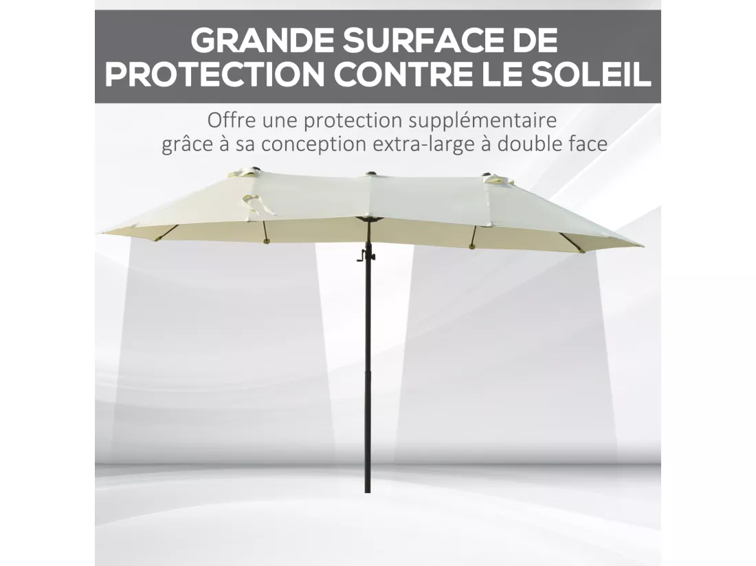 Parasol déporté grande taille XXL inclinable dim. 4,4L x 2,7l x 2,5H m piètement en acier inclus polyester crème