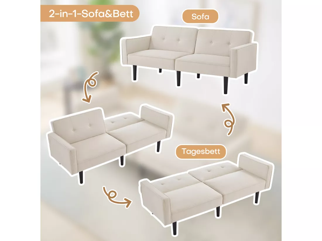 Canapé 2 places avec dossiers réglables - 176 x 76 x 74 cm - Tissu coton-lin et pièds en métal - Beige