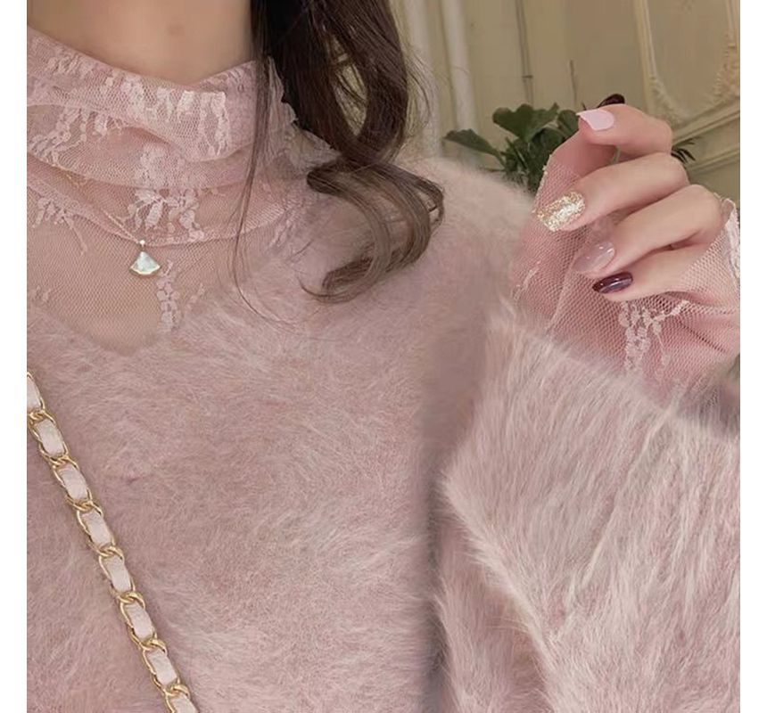 Essere - Blouse met lange mouwen en hoge hals, geborduurd met kant en bloemenmotief