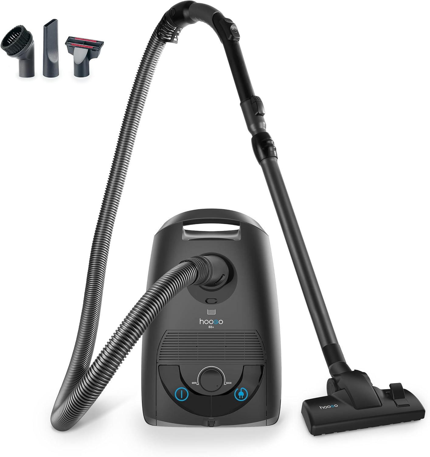 hoogo B3+ Graphit Staubsauger mit Beutel | Starke 850 W Saugleistung | HEPA 14 Filter | 11m Radius | nur 74 db(A) | 3 L Kapazität | Verschiedene Bodendüsen