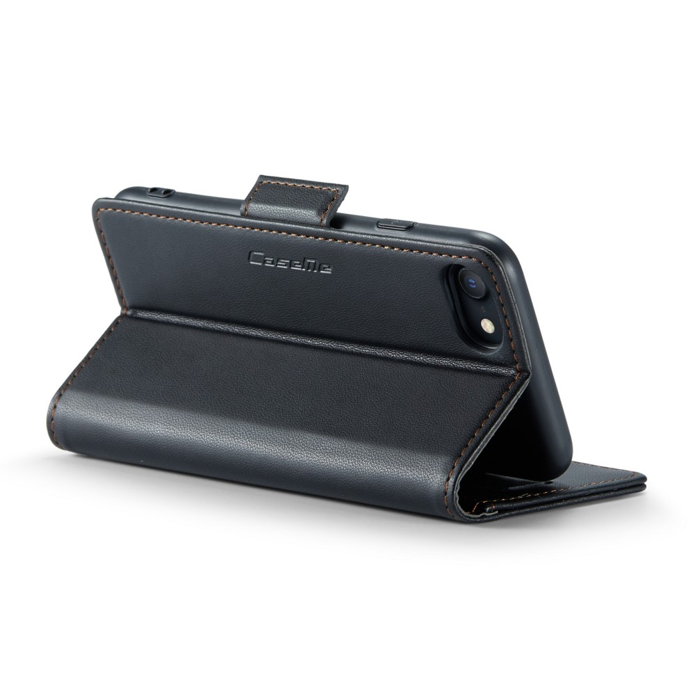 iPhone SE (2022/2020) / 8 / 7 / 6S Leder Tasche Flip Wallet Etui mit Kartenfächern Litchi Look (RFID Schutz) - Schwarz