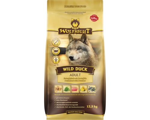WOLFSBLUT Wild Duck Adult droog hondenvoer, eend met aardappelen met waardevolle superfoods, graanvrij, glutenvrij, 12,5 kg