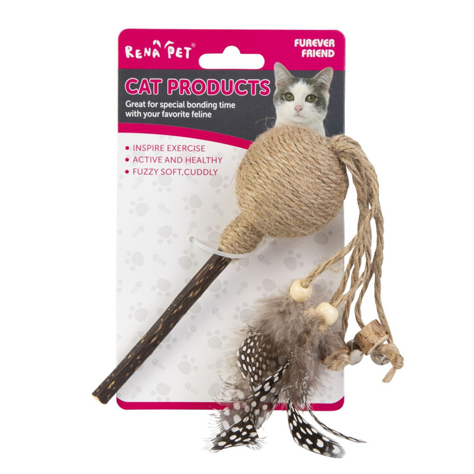 Katzenspielzeug aus Naturmaterialien - mit Feder an Seil - ca. 16 x 4,7 cm