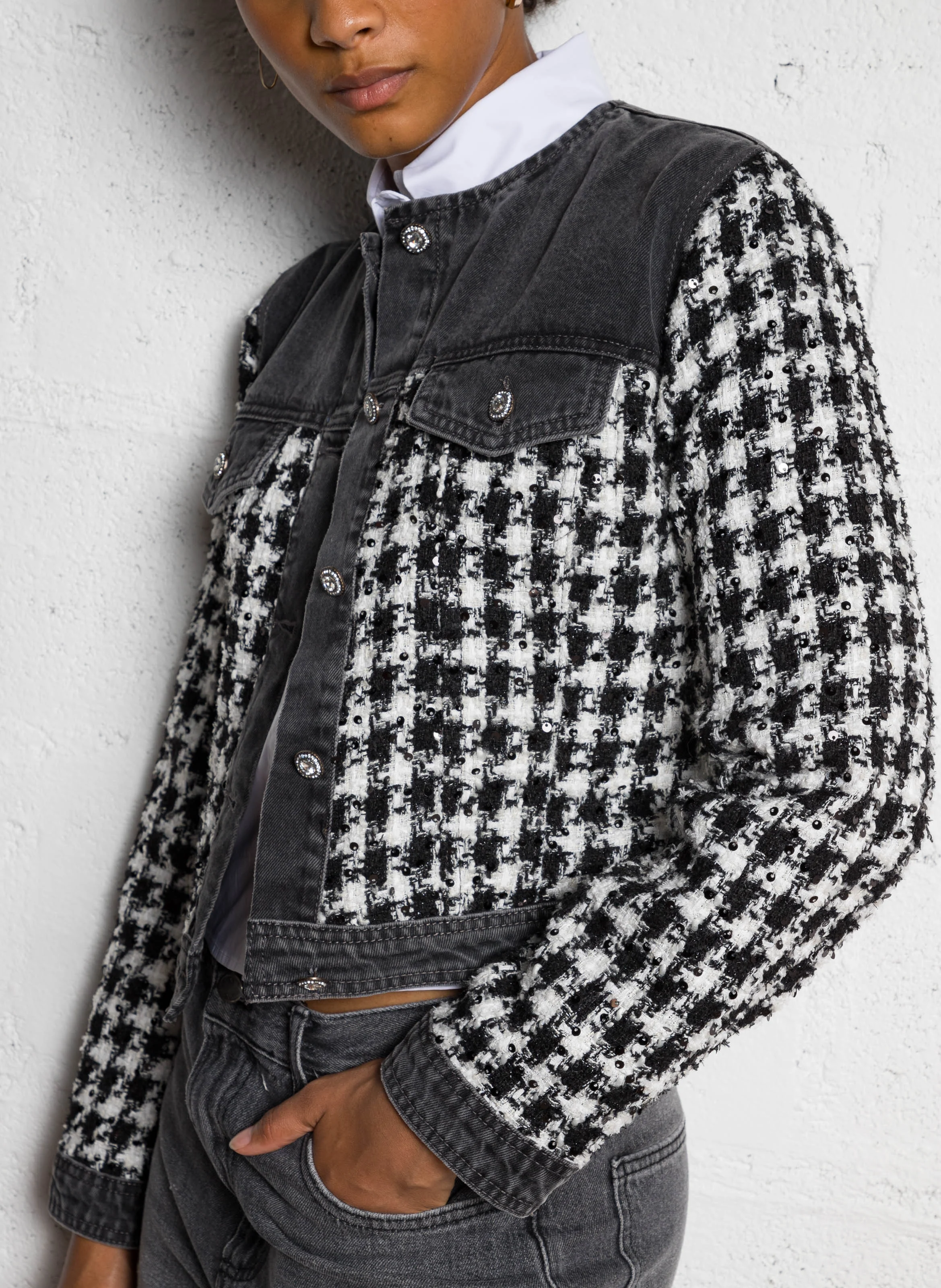 Veste droite col rond en tweed | Noir