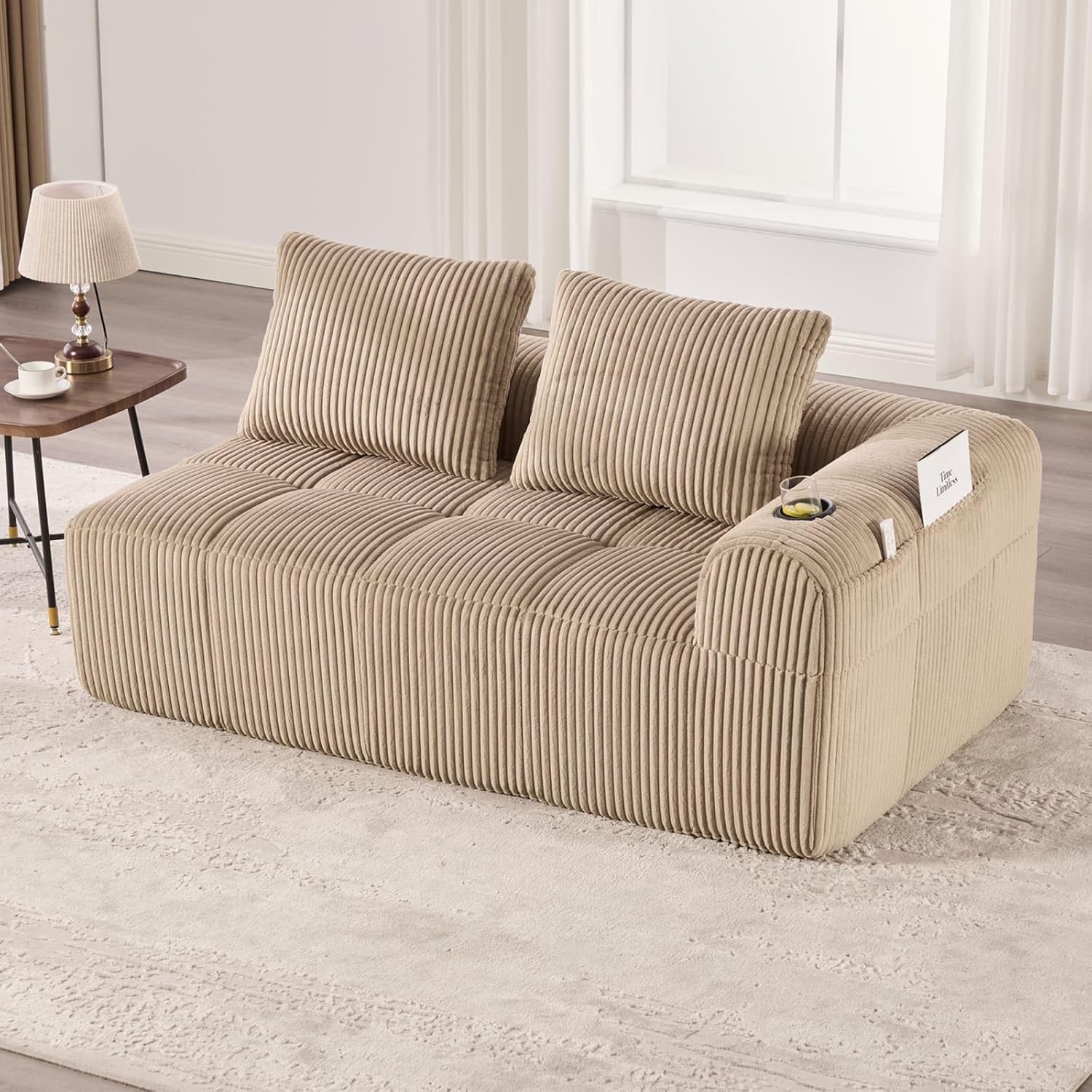 Canapé en Velours côtelé Moderne avec 2 Coussins, 2 Poches latérales, Canapé de Loisirs Modular 2 Places avec 2 Porte-gobelet, Canapé d'angle pour Salon, Bureau (Khaki) UW1265353