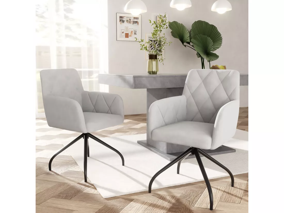 Lot de 4 chaises pivotantes en velours, motif de diamant, avec accoudoirs, support lombaire, 60x45x85cm, Gris