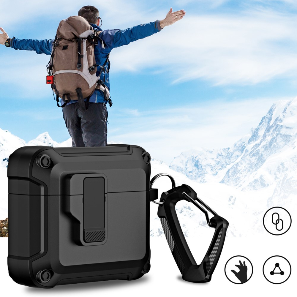 AirPods (3. Generation) Hybrid Hardcase Schutzhülle mit Verschluss   Karabinerhaken - Schwarz / Grau
