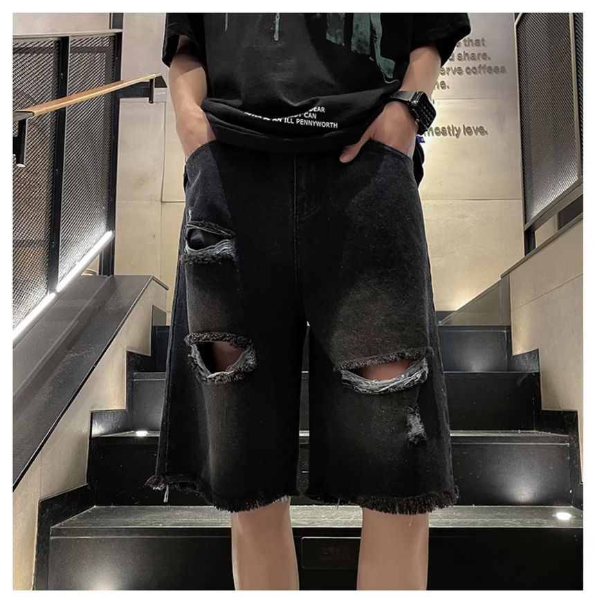 Ateso - Hoge taille denim shorts met rechte pijpen en versleten look