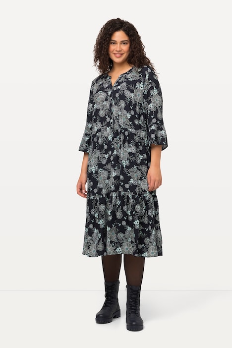 Midikleid, Volants, A-Linie, Tunika-Ausschnitt, 3/4-Arm