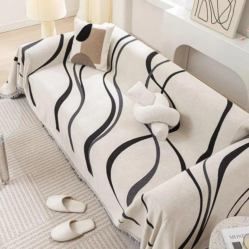 2 Chenille Line Pattern Throw Blanket with Tassel | Simple Nordic Jacquard Reversible Double Sided Sofa Cover