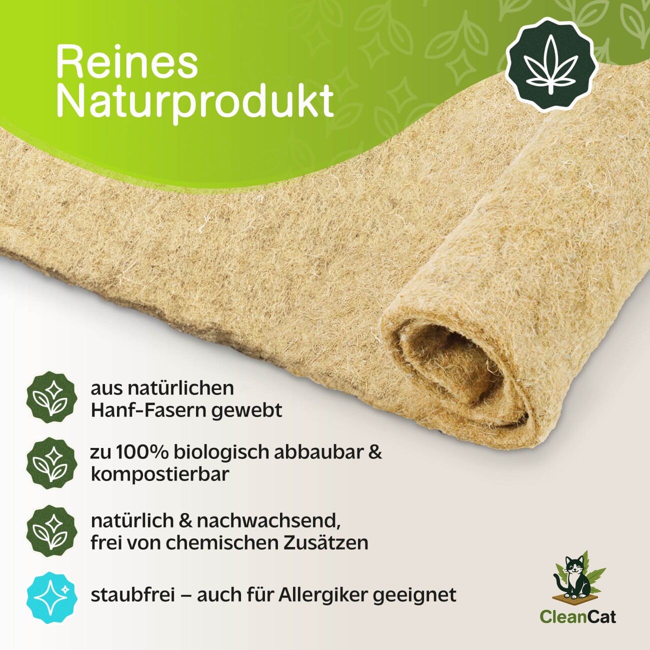 Rohrschneider CleanCat Hanfmatte 5 mm stark als Katzenstreu-Ersatz, zuschneidbar, geruchsneutralisierend 5