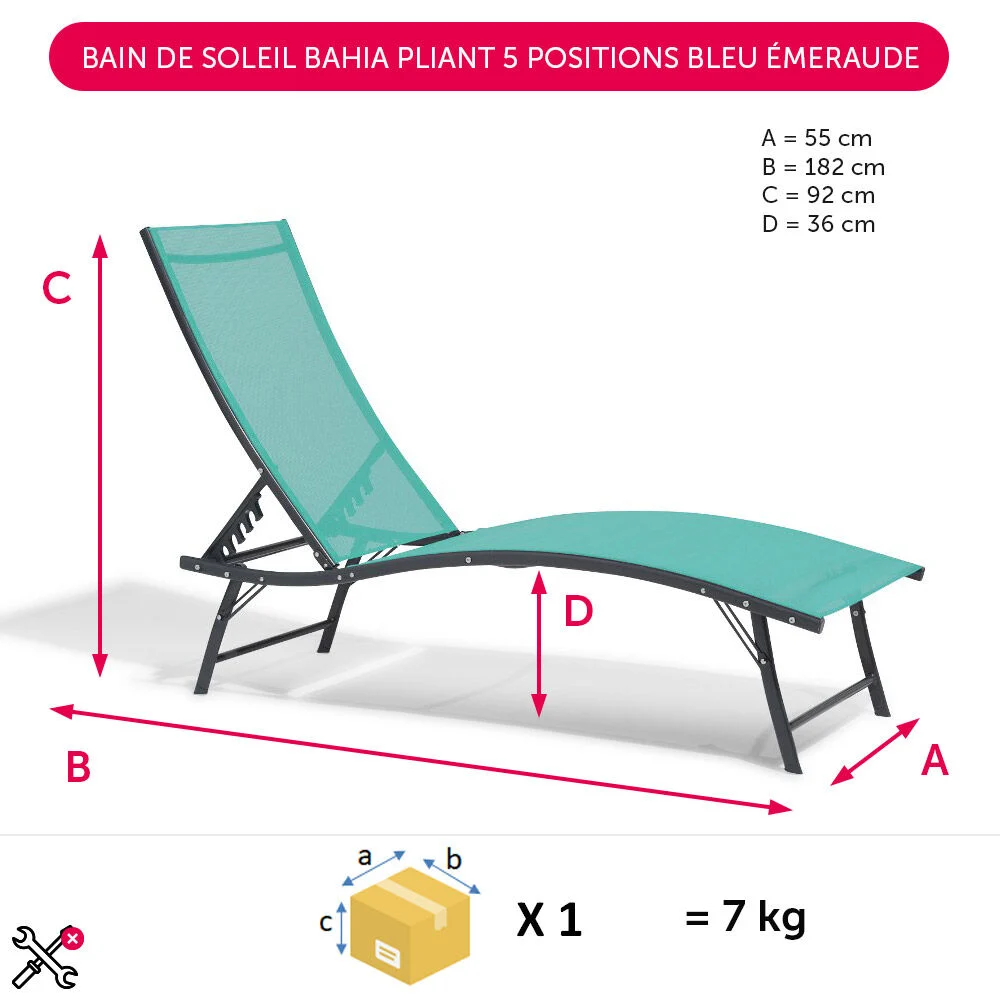 Bain de soleil Bahia pliant 5 positions bleu émeraude