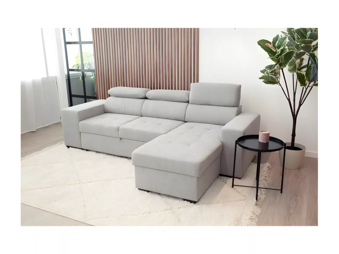 Canapé méridienne 3 places réversible en polyester gris clair