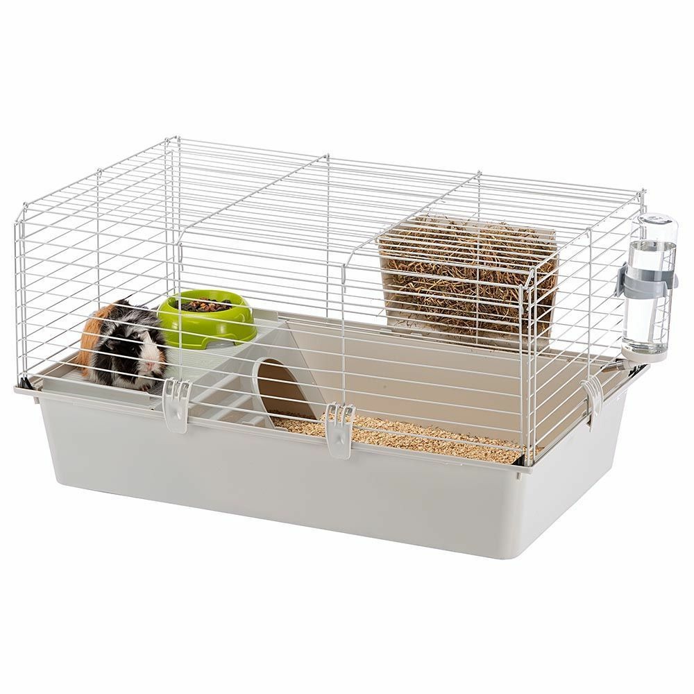Cage spacieuse pour cochons d'inde cavie 80, système de fermeture sécurité, accessoires inclus, en métal vernis gris et plastique