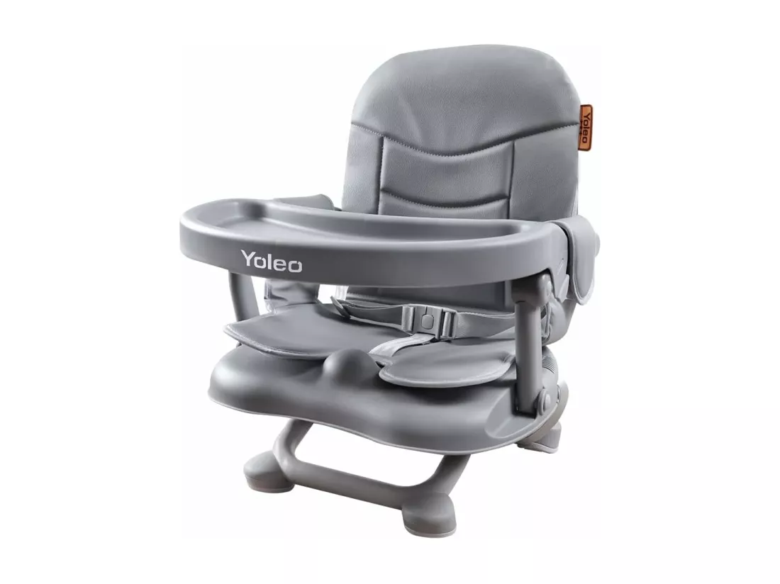 Réhausseur Chaise Enfant Pliable,Chaise Haute Bébé Portable,Bébé Chaise repas en Hauteur Réglable,Plateau Amovible,6 mois à 3 ans,Gris avec Coussin