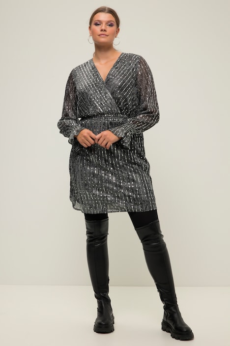 Kleid, fitted Fit, Pailletten, Minilänge, V-Ausschnitt, Rüschen-Langarm