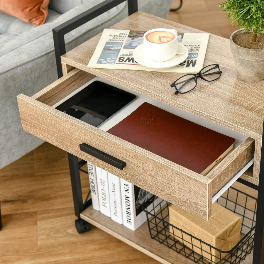HOMCOM Mobiler Beistelltisch mit Schublade Eiche