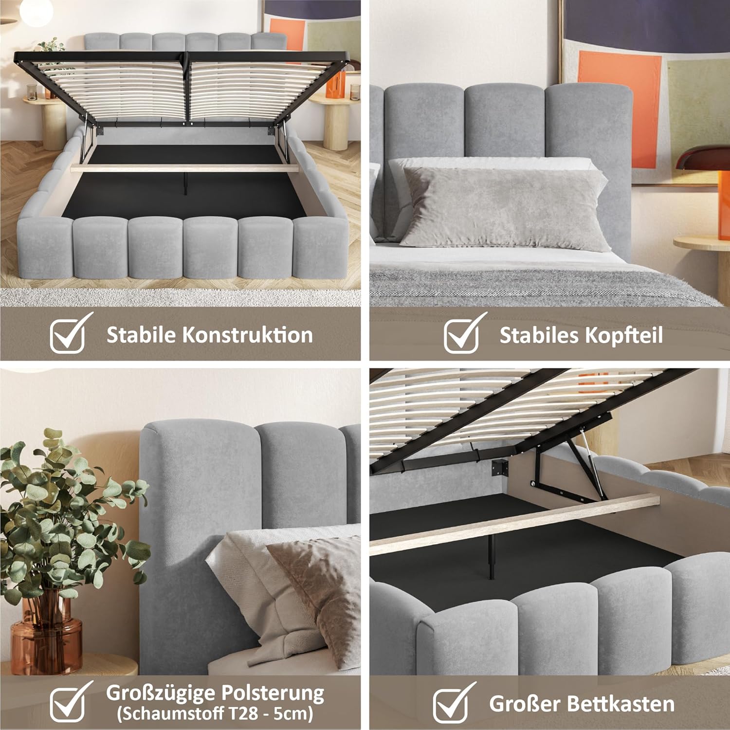 Nunu Bubble Bett 200x200 Beige Samt, mit Stauraum, mit Kopfteil, mit Lattenrost, ohne Füße, ohne Matratze, Bubble Polsterbett 200x200 mit Bettkasten Beige (Creme)