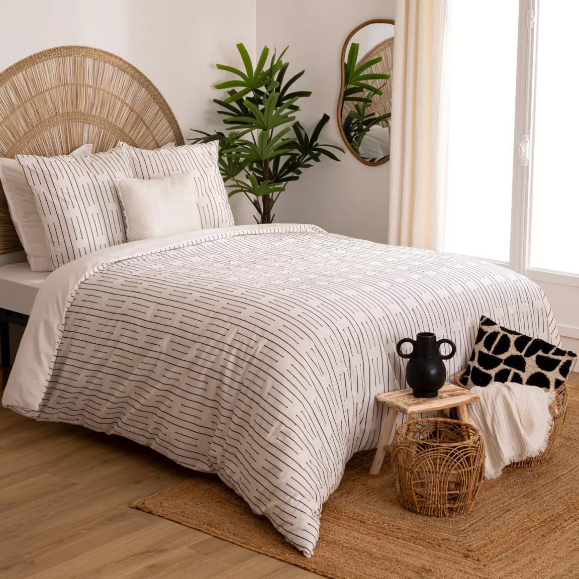 Housse de couette et deux taies coton (240 x 220 cm) Dobby Noire