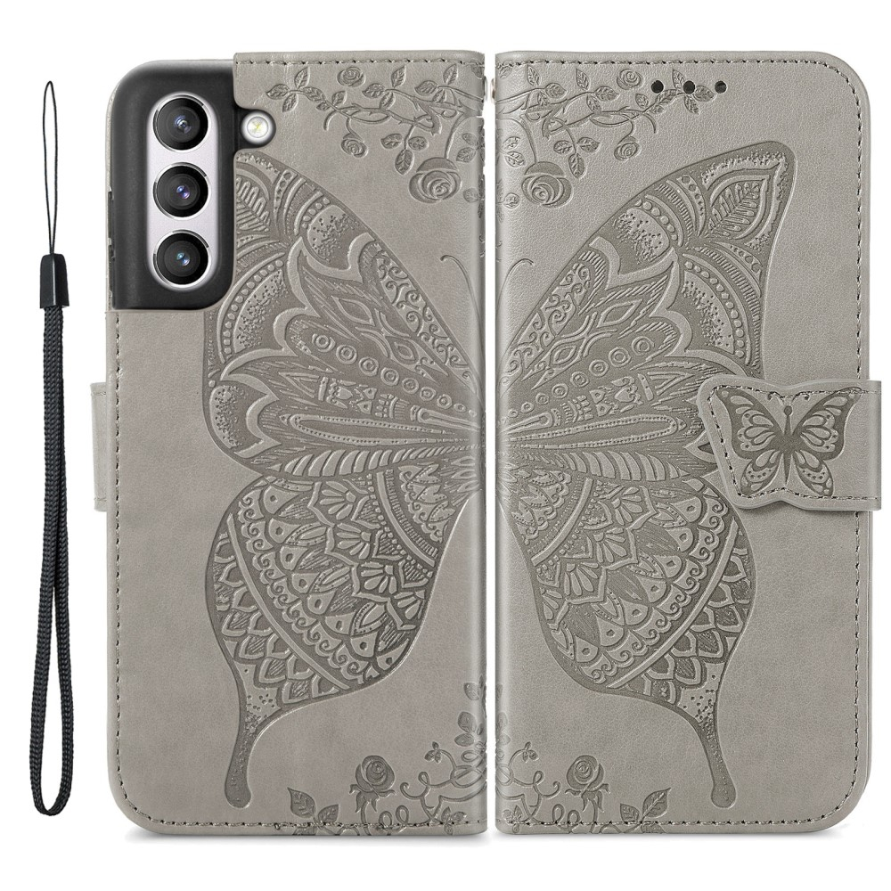 Samsung Galaxy S21 FE 5G Leder Tasche Flip Cover Schmetterlinge Imprint - Grau