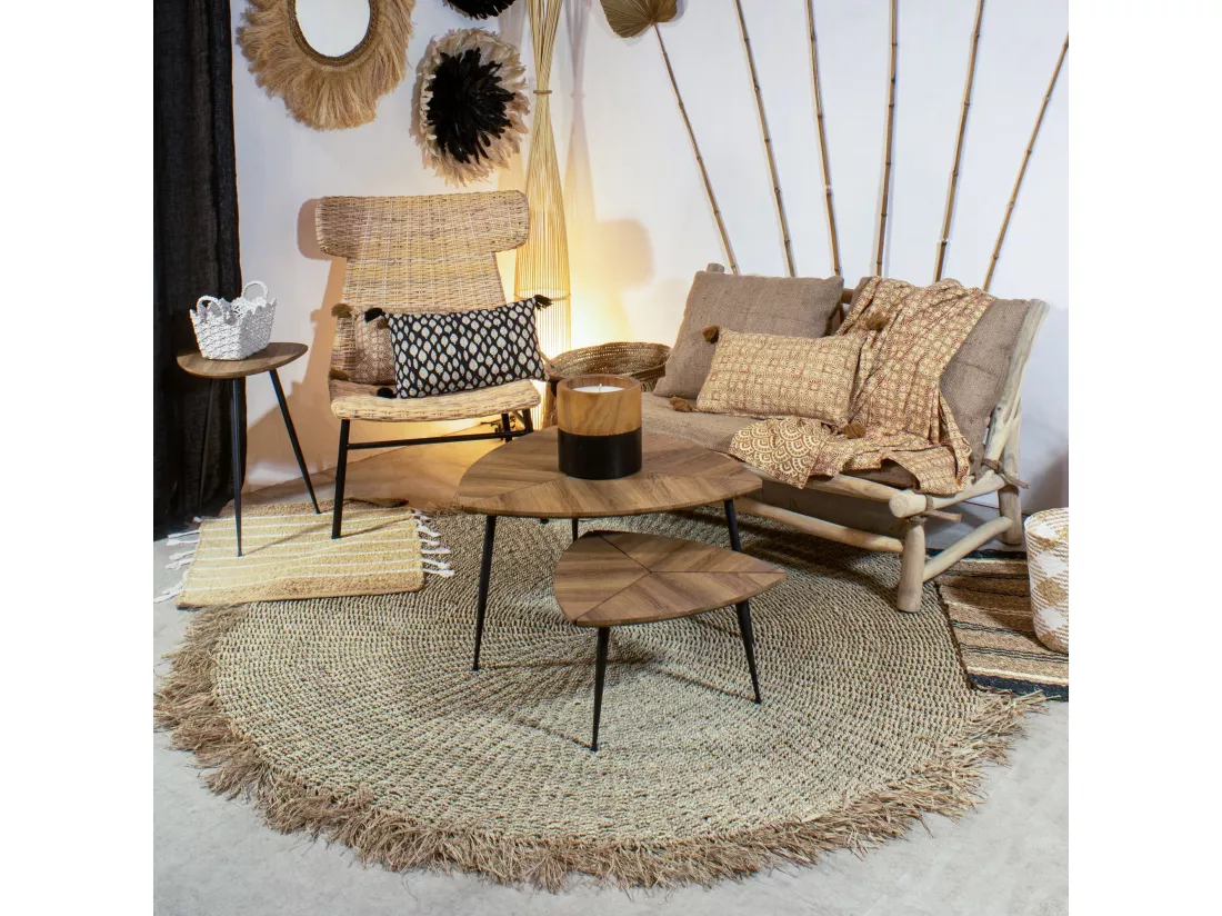 Now's Home - Tapis Rond En Fibres Naturelles De Mendong Frange D180cm Serifos
